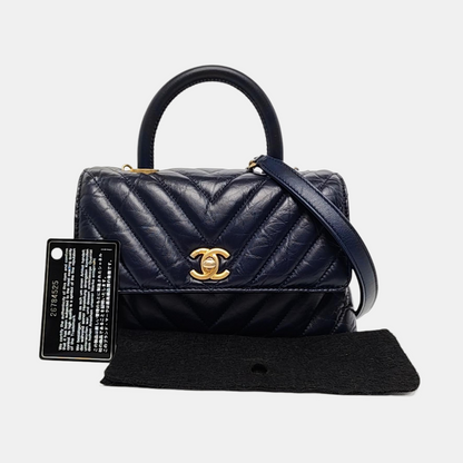 CHANEL COCO HANDLE Small Navy Blue Leather Quilted V Pattern Shoulder Bag with Detachable Strap, Gold Hardware, 26 Clasp-(SKU)-956703810
