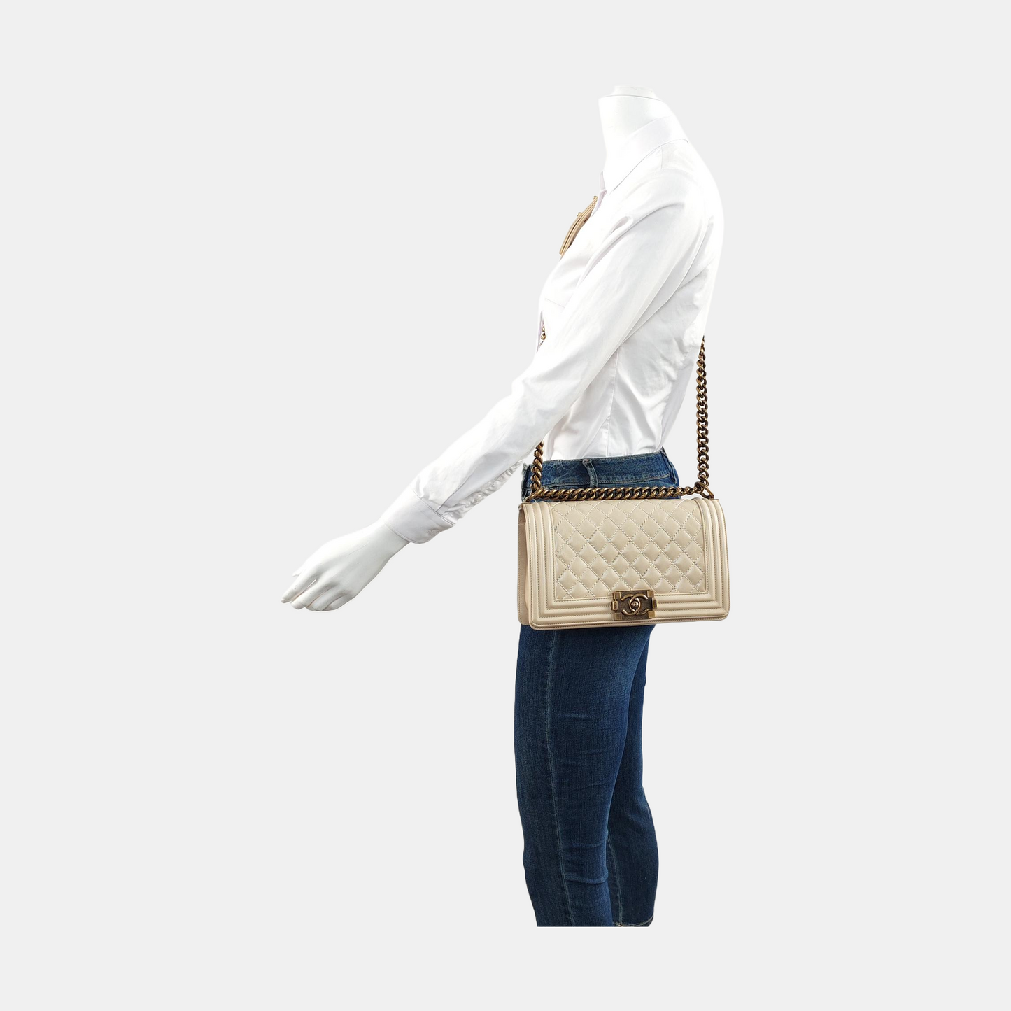 CHANEL BOY CHANEL Medium Beige Calfskin Quilted Shoulder Bag Crossbody Bag with Detachable Strap Gold Hardware-(SKU)-956099870