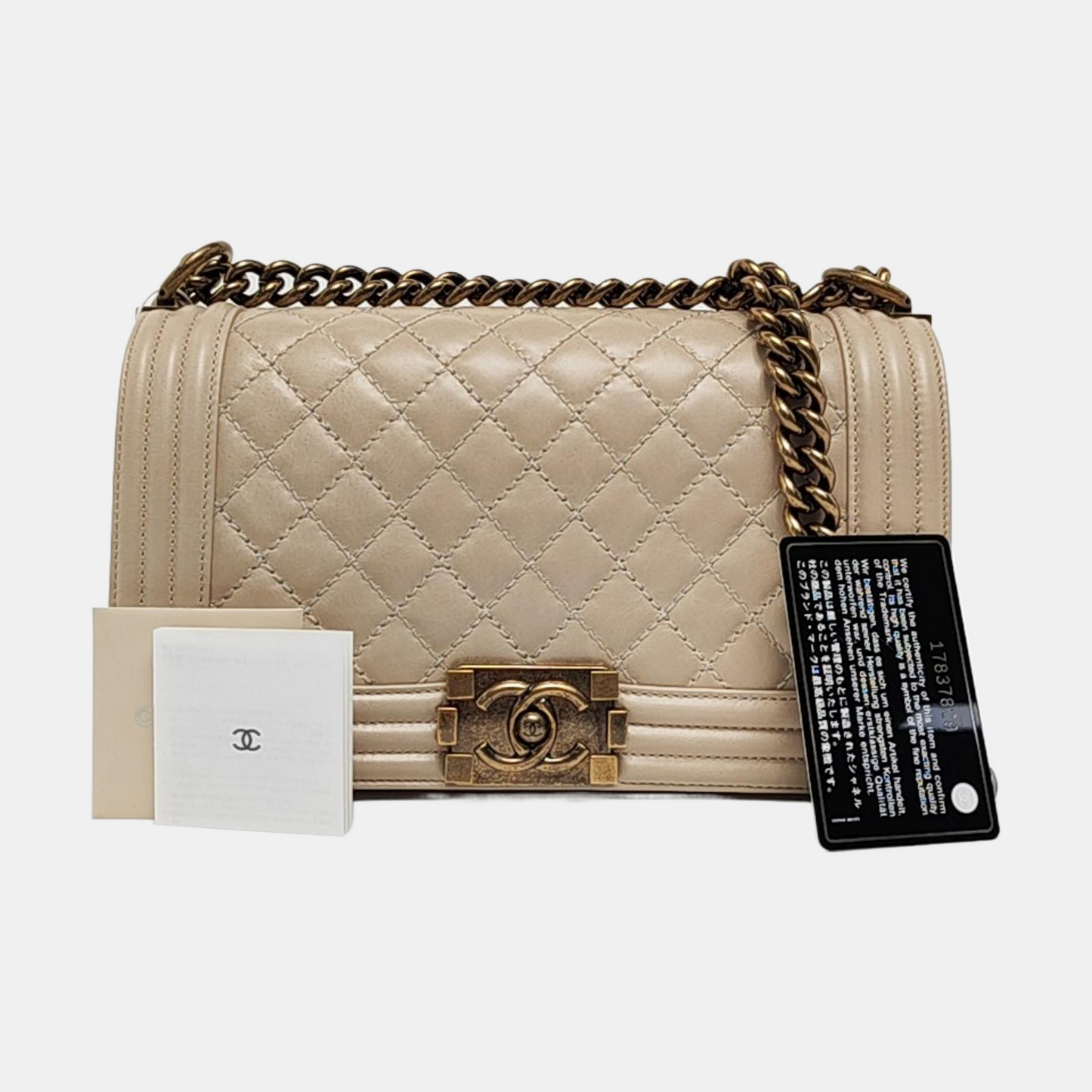 CHANEL BOY CHANEL Medium Beige Calfskin Quilted Shoulder Bag Crossbody Bag with Detachable Strap Gold Hardware-(SKU)-956099870