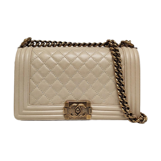 CHANEL BOY CHANEL Medium Beige Calfskin Quilted Shoulder Bag Crossbody Bag with Detachable Strap Gold Hardware-(SKU)-956099870