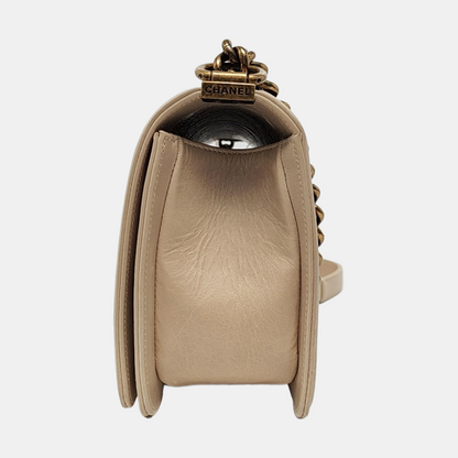 CHANEL BOY CHANEL Medium Beige Calfskin Quilted Shoulder Bag Crossbody Bag with Detachable Strap Gold Hardware-(SKU)-956099870