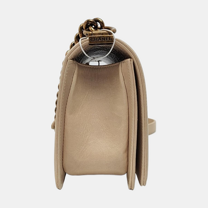 CHANEL BOY CHANEL Medium Beige Calfskin Quilted Shoulder Bag Crossbody Bag with Detachable Strap Gold Hardware-(SKU)-956099870