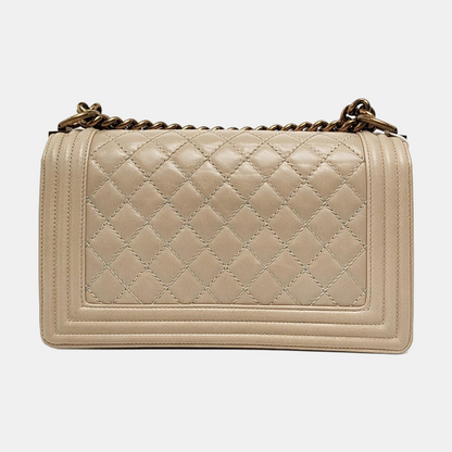 CHANEL BOY CHANEL Medium Beige Calfskin Quilted Shoulder Bag Crossbody Bag with Detachable Strap Gold Hardware-(SKU)-956099870