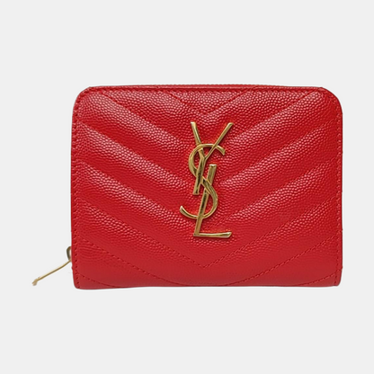 YSL MONOGRAM 红色牛皮绗缝V纹钱包 Golden hardware-(SKU)-956982328