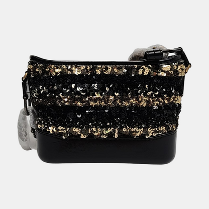 CHANEL GABRIELLE Black Sequined Woven Bag Shoulder Bag Crossbody Bag Rhodium Hardware 26 Clasp Removable Strap-(SKU)-957268642