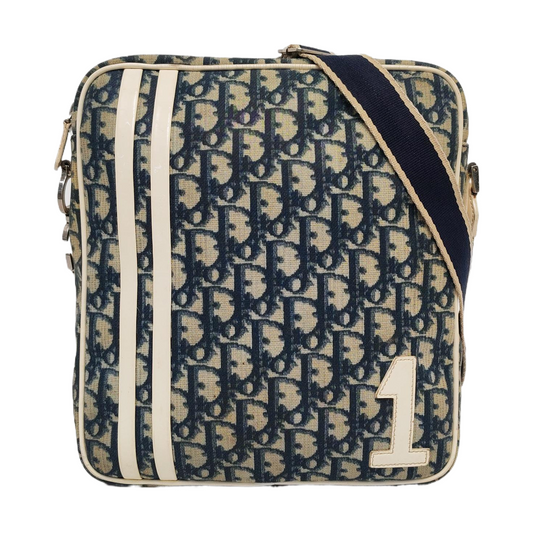 DIOR Dark Blue Coated Canvas Monogram Crossbody Shoulder Bag Silver Hardware-(SKU)-957328406