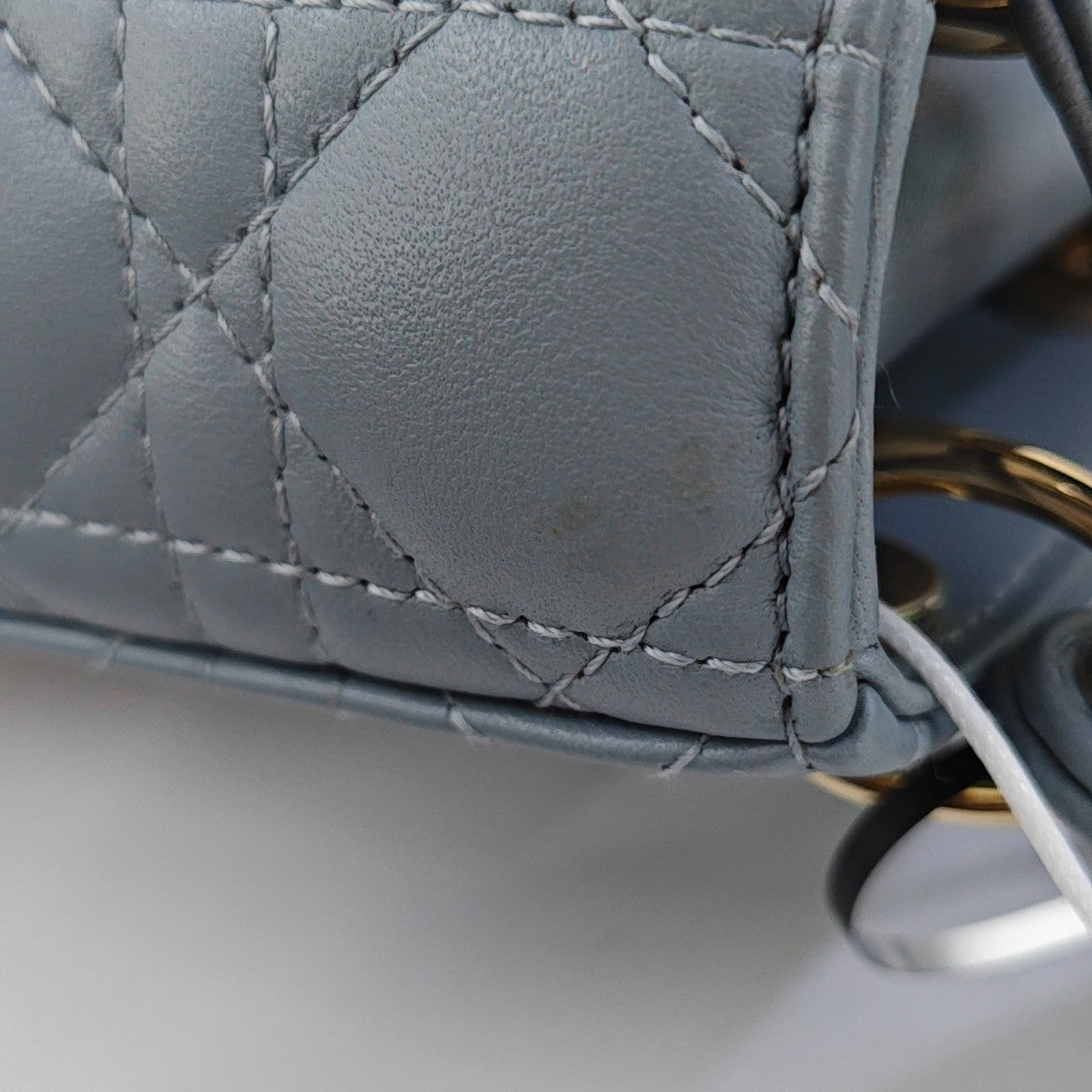 DIOR Lady Dior Mini Blue Lamb Skin Quilted Cannage Four-Gusset Shoulder Bag with Detachable Strap and Accessories Included-(SKU)-953418236