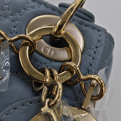 DIOR Lady Dior Mini Blue Lamb Skin Quilted Cannage Four-Gusset Shoulder Bag with Detachable Strap and Accessories Included-(SKU)-953418236