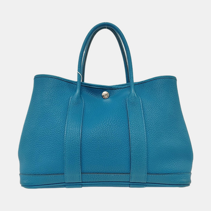 HERMÈS Garden Party 30 Duck Blue Negonda Small Bull Leather Tote Handbag with Silver Hardware-(SKU)-957462483