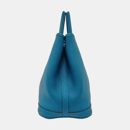 HERMÈS Garden Party 30 Duck Blue Negonda Small Bull Leather Tote Handbag with Silver Hardware-(SKU)-957462483