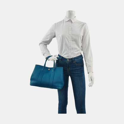 HERMÈS Garden Party 30 Duck Blue Negonda Small Bull Leather Tote Handbag with Silver Hardware-(SKU)-957462483