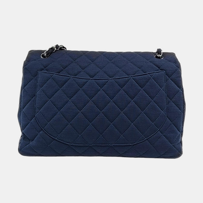 CHANEL CLASSIC FLAP Maxi Super Large Size Blue Fabric Quilted Jumbo Crossbody Shoulder Bag with 13 Clasp-(SKU)-957618087