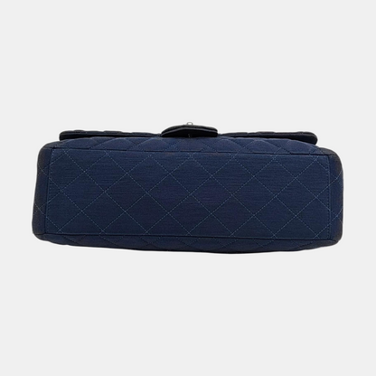 CHANEL CLASSIC FLAP Maxi Super Large Size Blue Fabric Quilted Jumbo Crossbody Shoulder Bag with 13 Clasp-(SKU)-957618087