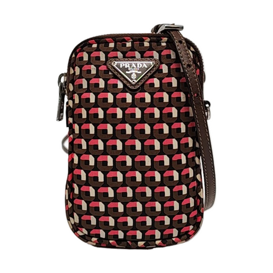 PRADA Cell Phone Bag Brown Nylon Monogrammed Printed Single Shoulder Bag Crossbody Silver Hardware Removable shoulder strap-(SKU)-957241212