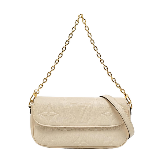 LOUIS VUITTON IVY Beige Leather Monogram Embossed Shoulder Bag Handbag Golden Hardware 2 Removable Straps-(SKU)-957574255
