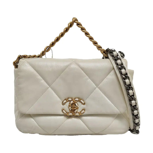 CHANEL CHANEL 19 Small Size White Lambskin Diamond Quilted Single Shoulder Bag Tote with Gold, Silver, Ruthenium Hardware 30 Compartments-(SKU)-954229209