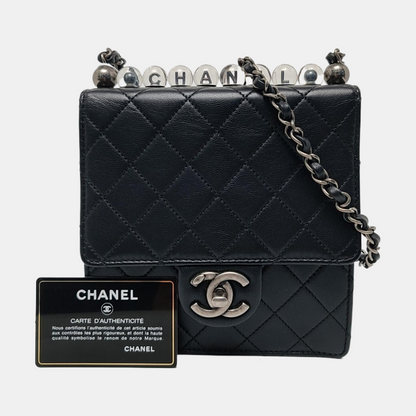 CHANEL CLASSIC VERTICAL PEARL Small Size Black Lamb Skin Quilted Crossbody Shoulder Bag Silver Hardware 29 Clasp-(SKU)-957700212