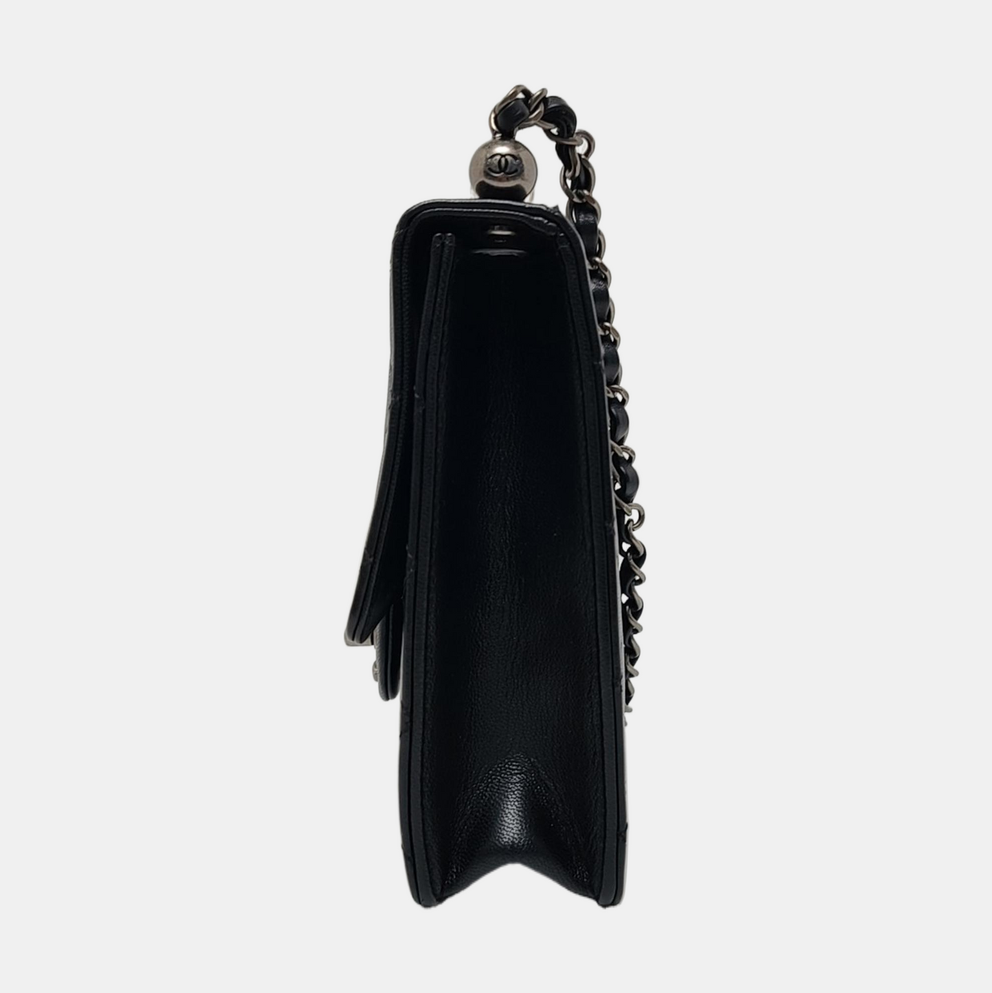 CHANEL CLASSIC VERTICAL PEARL Small Size Black Lamb Skin Quilted Crossbody Shoulder Bag Silver Hardware 29 Clasp-(SKU)-957700212