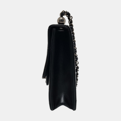 CHANEL CLASSIC VERTICAL PEARL Small Size Black Lamb Skin Quilted Crossbody Shoulder Bag Silver Hardware 29 Clasp-(SKU)-957700212