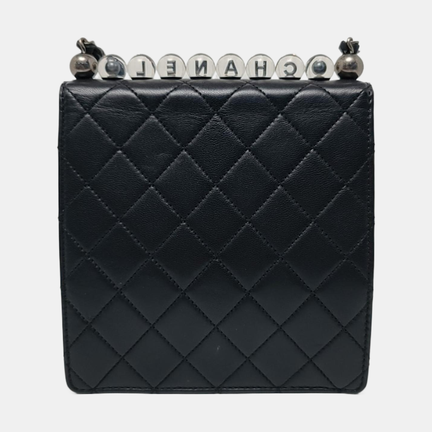 CHANEL CLASSIC VERTICAL PEARL Small Size Black Lamb Skin Quilted Crossbody Shoulder Bag Silver Hardware 29 Clasp-(SKU)-957700212