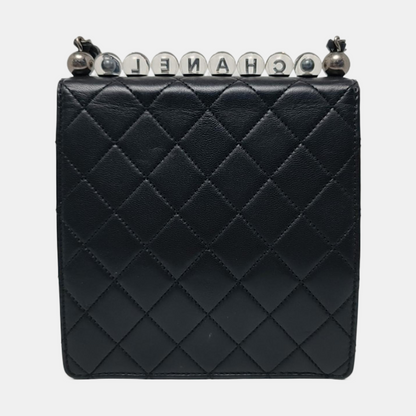 CHANEL CLASSIC VERTICAL PEARL Small Size Black Lamb Skin Quilted Crossbody Shoulder Bag Silver Hardware 29 Clasp-(SKU)-957700212