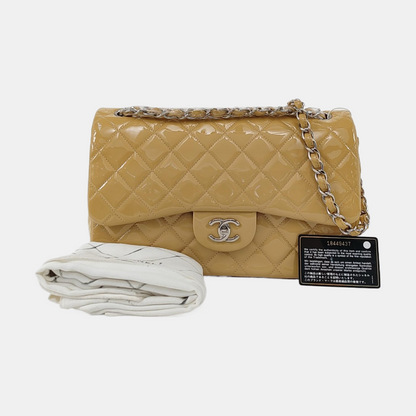 CHANEL CLASSIC FLAP Large Beige Patent Leather Quilted Diamond Pattern Shoulder Bag Handbag Crossbody Bag Silver Hardware 18 Clasp-(SKU)-947914762
