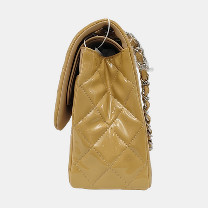 CHANEL CLASSIC FLAP Large Beige Patent Leather Quilted Diamond Pattern Shoulder Bag Handbag Crossbody Bag Silver Hardware 18 Clasp-(SKU)-947914762