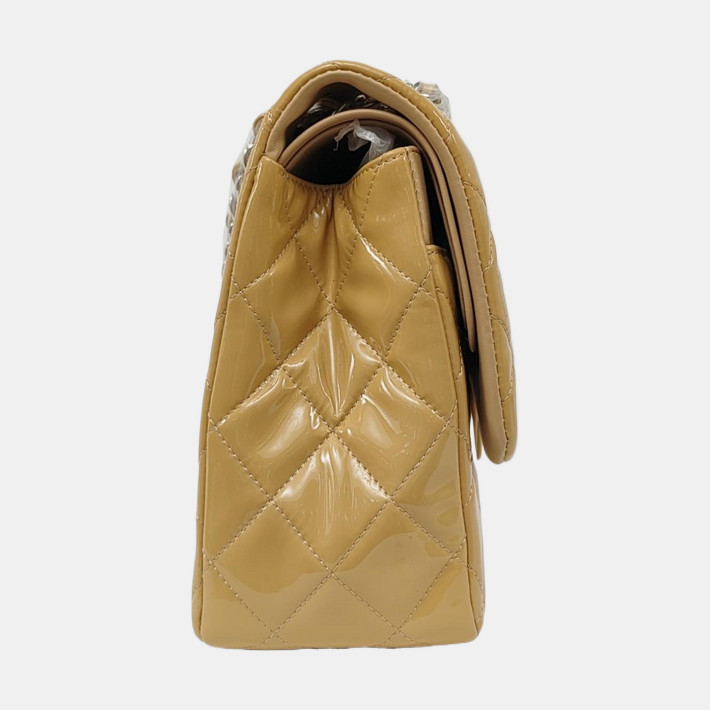 CHANEL CLASSIC FLAP Large Beige Patent Leather Quilted Diamond Pattern Shoulder Bag Handbag Crossbody Bag Silver Hardware 18 Clasp-(SKU)-947914762