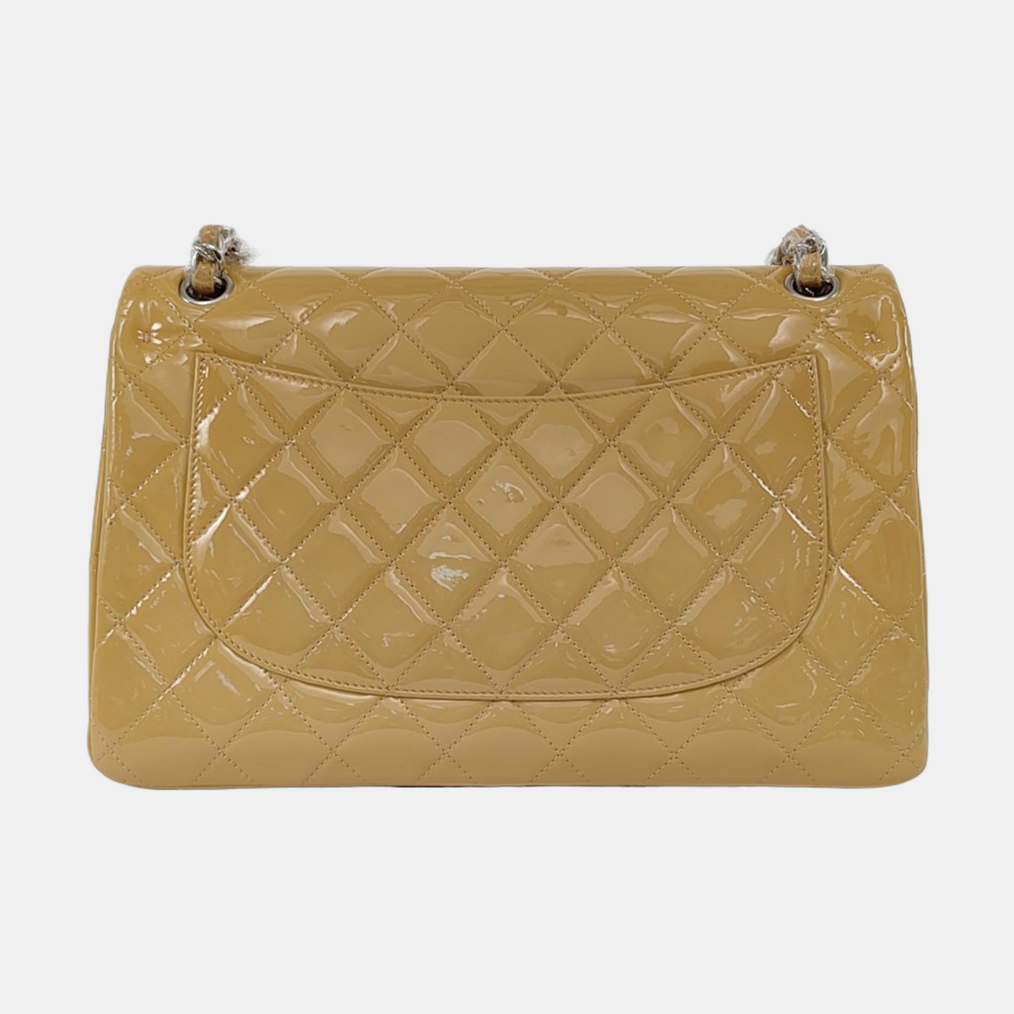 CHANEL CLASSIC FLAP Large Beige Patent Leather Quilted Diamond Pattern Shoulder Bag Handbag Crossbody Bag Silver Hardware 18 Clasp-(SKU)-947914762