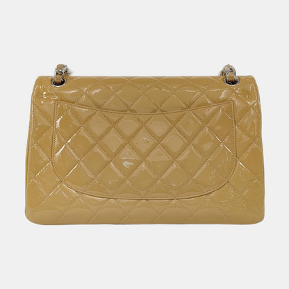 CHANEL CLASSIC FLAP Large Beige Patent Leather Quilted Diamond Pattern Shoulder Bag Handbag Crossbody Bag Silver Hardware 18 Clasp-(SKU)-947914762