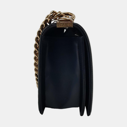 CHANEL BOY CHANEL Medium Deep Blue Leather Grained Crossbody Bag Single Shoulder Bag with Gold Hardware 25 opening Removable Strap-(SKU)-957834137