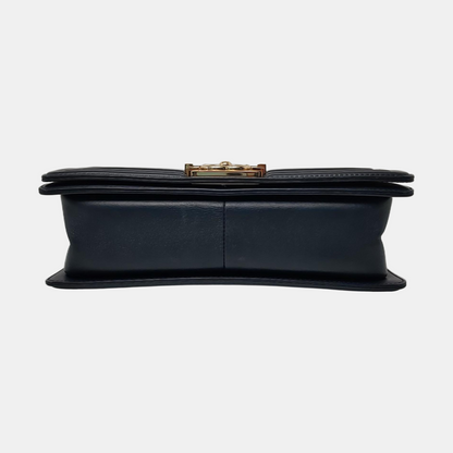 CHANEL BOY CHANEL Medium Deep Blue Leather Grained Crossbody Bag Single Shoulder Bag with Gold Hardware 25 opening Removable Strap-(SKU)-957834137