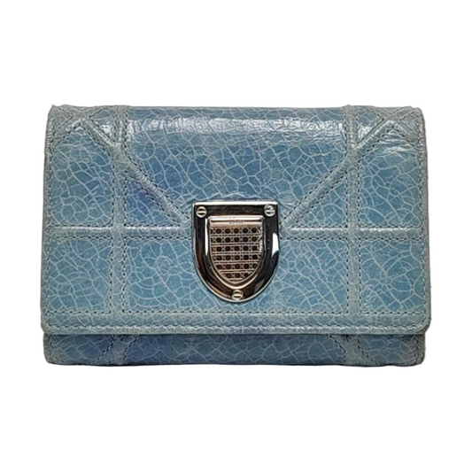 DIOR Diorama Blue Cowhide Herringbone Quilted Shield Bag Wallet Silver Hardware-(SKU)-958202487