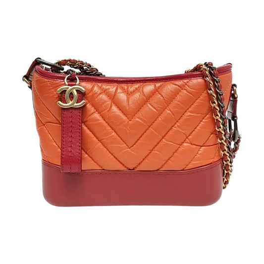 CHANEL GABRIELLE Small Orange Calfskin Quilted V-Shape Shoulder Bag Crossbody Bag Detachable Strap-(SKU)-958064950