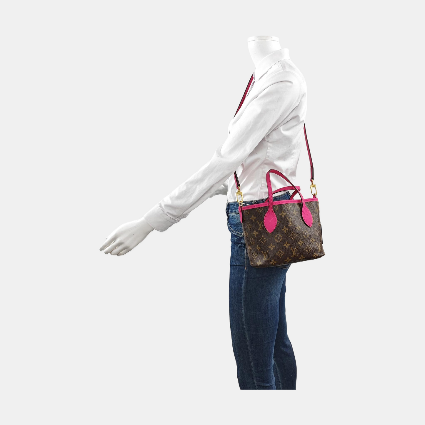 LOUIS VUITTON NEVERFULL INSIDE OUT BB Pink Cowhide Monogram Tote Bag Shoulder Bag Crossbody Bag Gold Hardware Removable Shoulder Strap-(SKU)-958065442