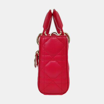 DIOR Lady D-Joy Small Red Lamb Skin Quilted Cannage Five-Panel Shoulder Bag with Detachable Strap, Gold Hardware-(SKU)-958281781