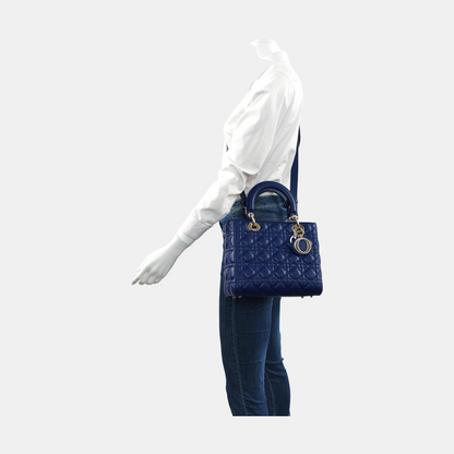 DIOR Lady Dior Medium Size Blue Lamb Skin Quilted Dior Bag Crossbody Shoulder Bag with Detachable Strap-(SKU)-958282075