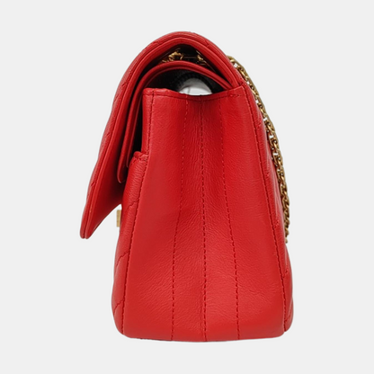 CHANEL 2.55 Small Size Red Leather Quilted V-Shape Shoulder Bag Crossbody Bag Gold Hardware 27 Clasp-(SKU)-956623582