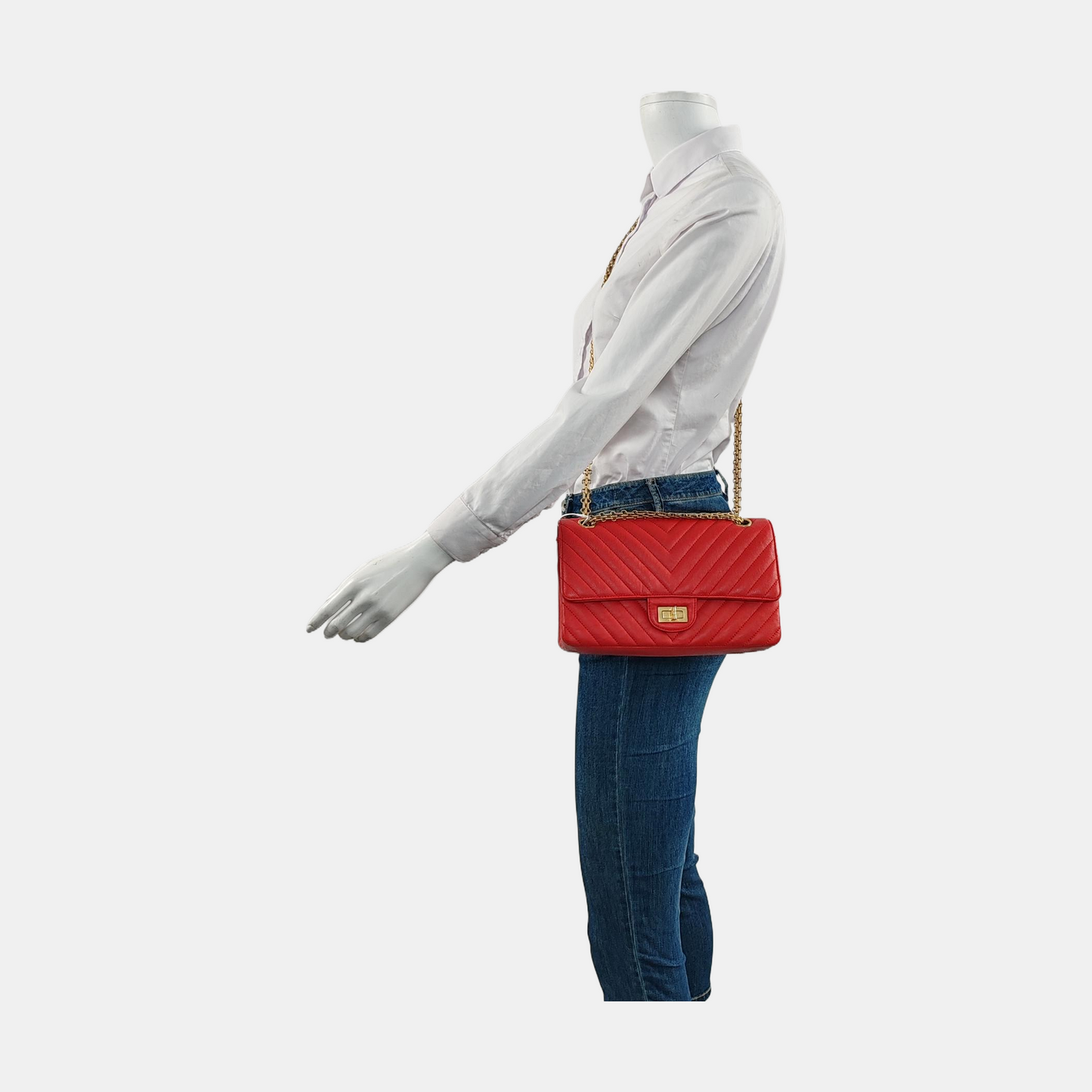 CHANEL 2.55 Small Size Red Leather Quilted V-Shape Shoulder Bag Crossbody Bag Gold Hardware 27 Clasp-(SKU)-956623582