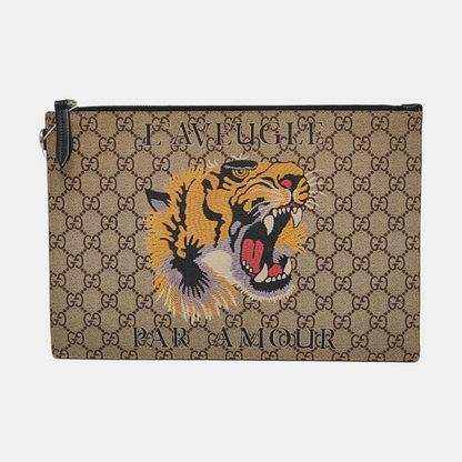 GUCCI GG Supreme Brown Coated Canvas Monogram Printed Clutch Silver Hardware-(SKU)-958361759