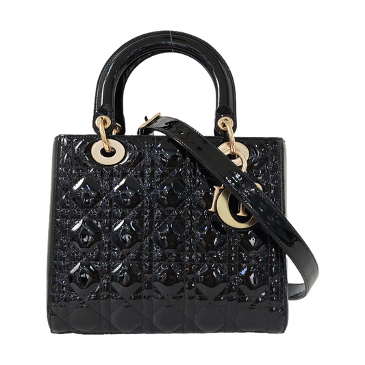 DIOR Lady Dior Medium Black Patent Leather Quilted Cannage Diagonal Shoulder Bag with Detachable Strap-(SKU)-958220032