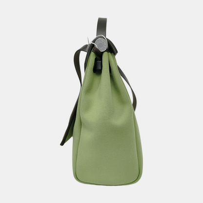 HERMÈS Herbag 31 Avocado Green Canvas Single Shoulder Bag Tote Crossbody with Silver Hardware Y Stamp Removable Shoulder Strap-(SKU)-958629290