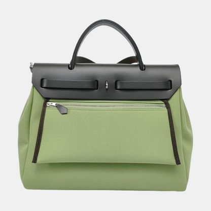 HERMÈS Herbag 31 Avocado Green Canvas Single Shoulder Bag Tote Crossbody with Silver Hardware Y Stamp Removable Shoulder Strap-(SKU)-958629290