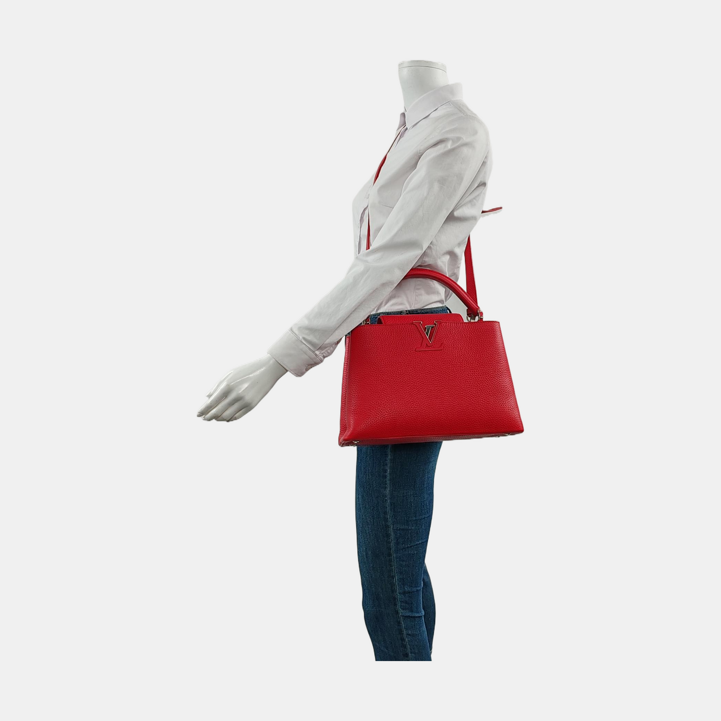 LOUIS VUITTON CAPUCINES Medium Red Leather Diagonal Shoulder Bag with Detachable Strap-(SKU)-958635265