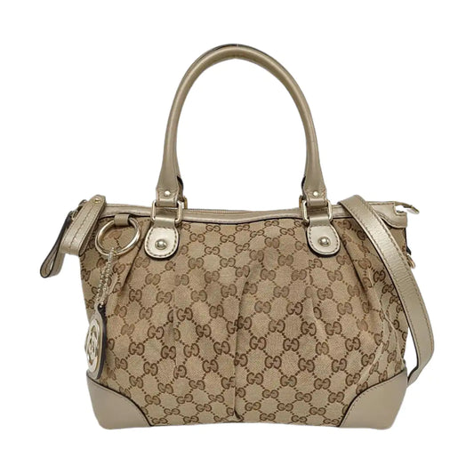 GUCCI Sukey Khaki Canvas Monogram Crossbody Bag Golden hardware Removable shoulder strap-(SKU)-958213257