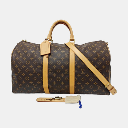 LOUIS VUITTON KEEPALL 50, brown coated canvas monogram Boston bag, shoulder bag, handbag with golden hardware and detachable strap-(SKU)-958409659