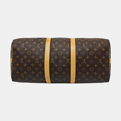 LOUIS VUITTON KEEPALL 50, brown coated canvas monogram Boston bag, shoulder bag, handbag with golden hardware and detachable strap-(SKU)-958409659