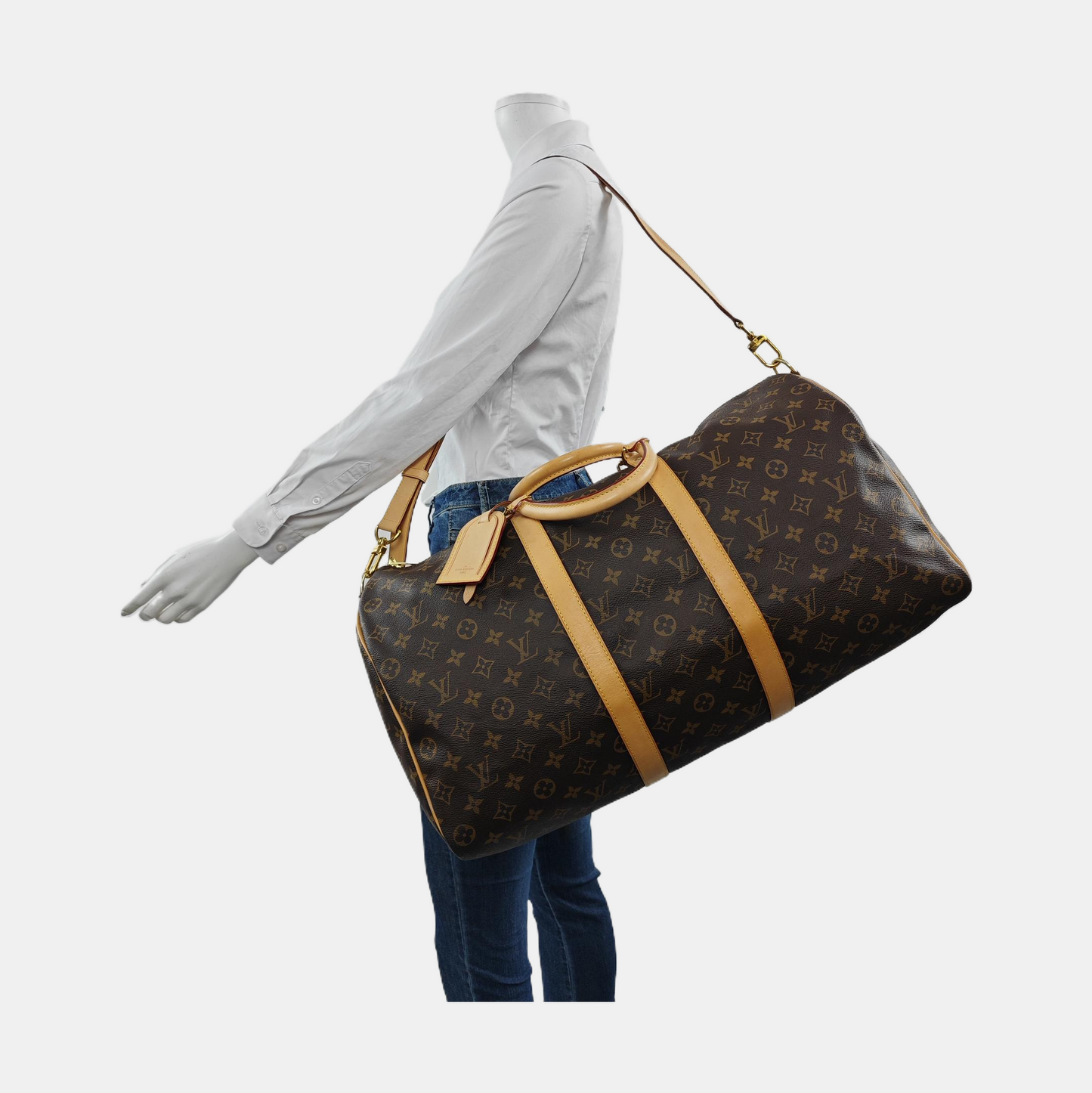 LOUIS VUITTON KEEPALL 50, brown coated canvas monogram Boston bag, shoulder bag, handbag with golden hardware and detachable strap-(SKU)-958409659