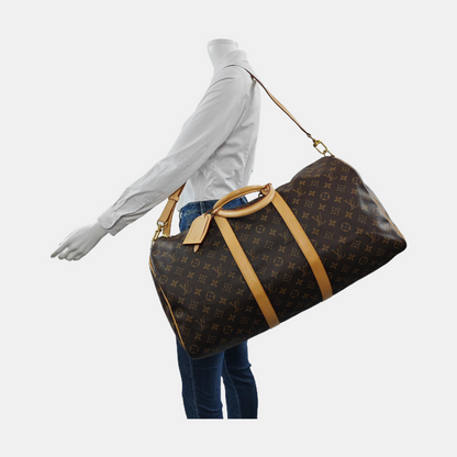 LOUIS VUITTON KEEPALL 50, brown coated canvas monogram Boston bag, shoulder bag, handbag with golden hardware and detachable strap-(SKU)-958409659