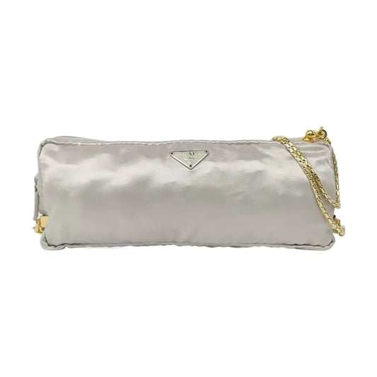 PRADA Silver Gray Satin Logo Single Shoulder Bag Golden hardware-(SKU)-958257769